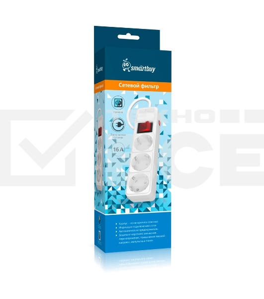 Сетевой фильтр 16А, 3500 Вт, 3 гнезда, без з/ш, с з/к, ПВС 3x1.0, 1,8 м, белый (SBSP-3-18-W)
