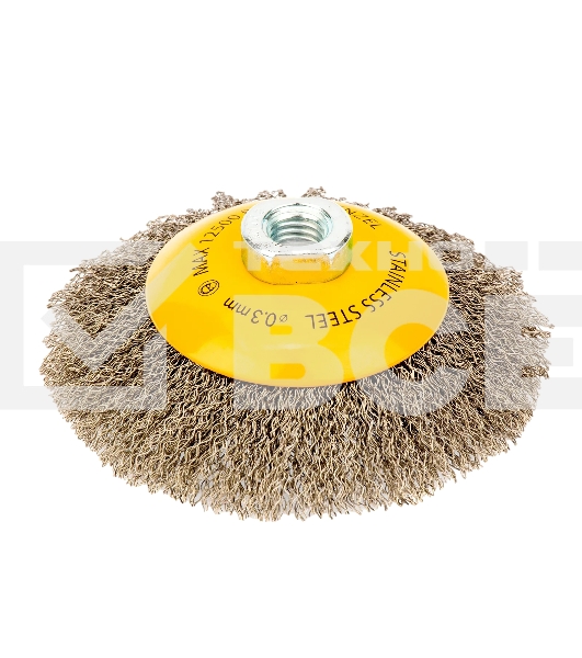 Щетка для УШМ Denzel 125 мм, М14, тарелка, витая нержавеющая проволока 0,3 мм