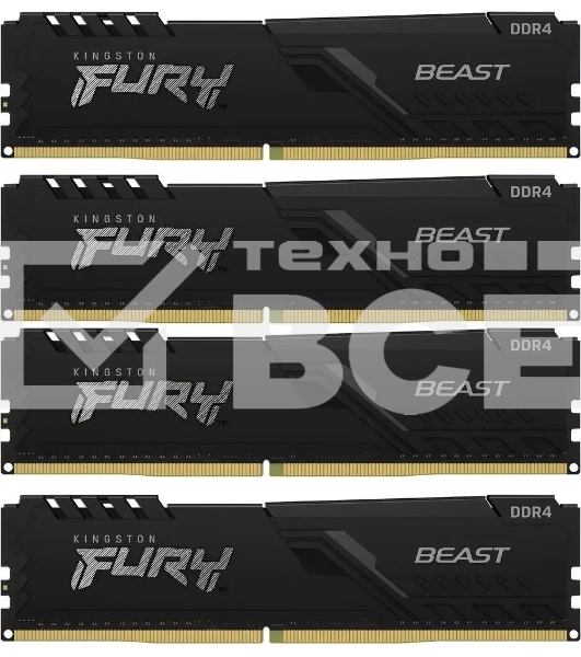 Оперативная память Kingston Fury Beast, DDR4, 64GB (4x16GB), 3200MHz, CL16, с радиатором, чёрный