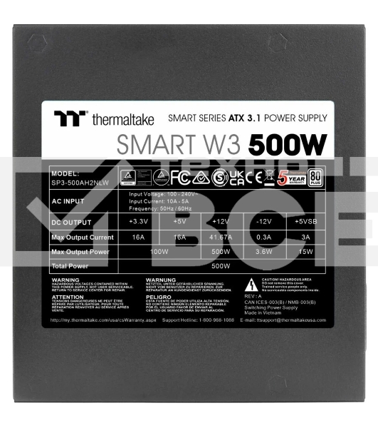 Блок питания Thermaltake Smart RGB 500W (PS-SPW-0500NNFAWE-1), 500Вт, 80 PLUS, 120мм, черный