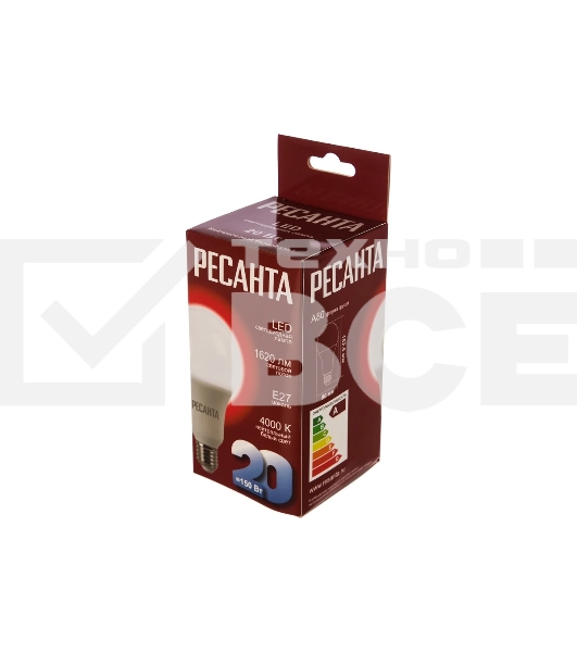 Лампа светодиодная Ресанта LL-R-A80-20W-230-4K-E27 груша, 20 Вт, нейтр., Е27