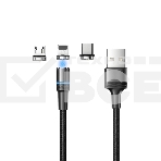 Кабель USB REXANT 18-7076 3в1 со съемными магнитными портами, Type-С (2A), Lightning (2,4A), Micro USB (2A), 1,2м, в черной оплетке, с LED подсветкой, фото 1