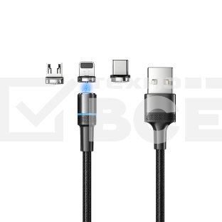 Кабель USB REXANT 18-7076 3в1 со съемными магнитными портами, Type-С (2A), Lightning (2,4A), Micro USB (2A), 1,2м, в черной оплетке, с LED подсветкой