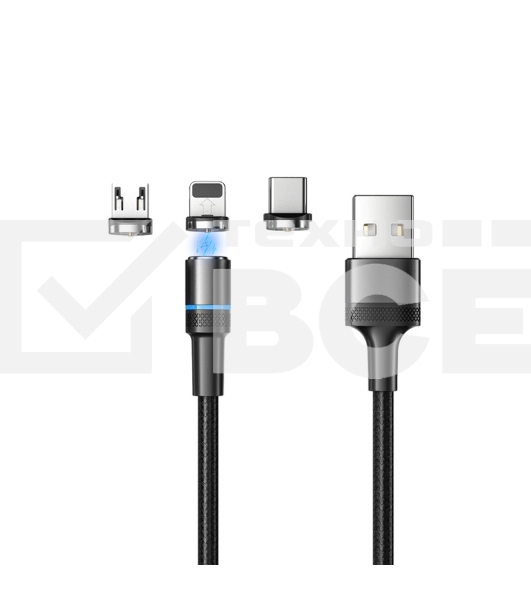 Кабель USB REXANT 18-7076 3в1 со съемными магнитными портами, Type-С (2A), Lightning (2,4A), Micro USB (2A), 1,2м, в черной оплетке, с LED подсветкой