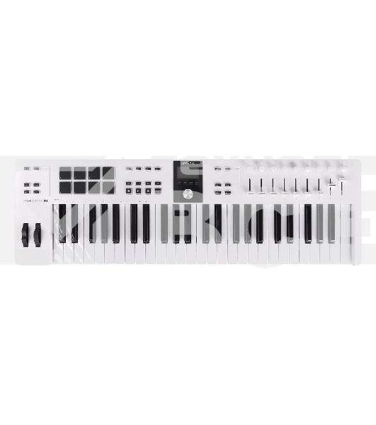 Клавиатура MIDI [231521] Arturia [KeyLab Essential 49 mk3 White] 49 клавиш, LCD дисплей, 9 энкодеров, 8 пэдов, 9 фейдеров, 12 кнопок управления, колеса высоты тона и модуляции, 1/4