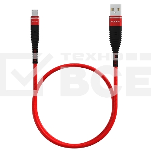 Кабель Maxvi MC-05M red USB-A - microUSB, 2A ток макс. нагрузки 2А, макс. напряжение 5V; стандарт USB 2.0; длина 1м, оплетка TPU, металлические корпуса разъемов, цвет красный