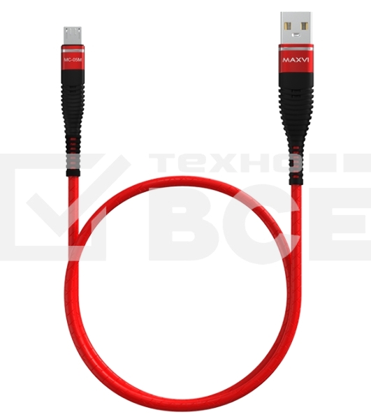 Кабель Maxvi MC-05M red USB-A - microUSB, 2A ток макс. нагрузки 2А, макс. напряжение 5V; стандарт USB 2.0; длина 1м, оплетка TPU, металлические корпуса разъемов, цвет красный