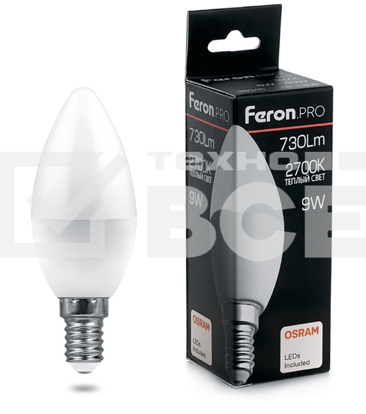 Лампа светодиодная Feron PRO LB-1309 (38059) 9 вт Е14 теплый матовая свеча