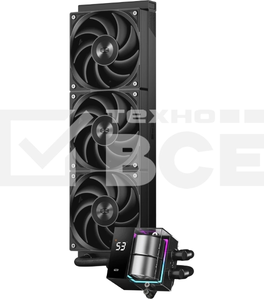 Система охлаждения PCCooler DS360 BK (310W, 360мм, LED temp., Black, ARGb Pump/Fans: 3x120мм, 86.73CFM, 28dBA, 2200RPM/Pump height 67мм, 28dBA, 3200RPM, Rad thickness 27мм/S: 1851, 1700, 1200, 20XX, 115X, AM5, AM4)