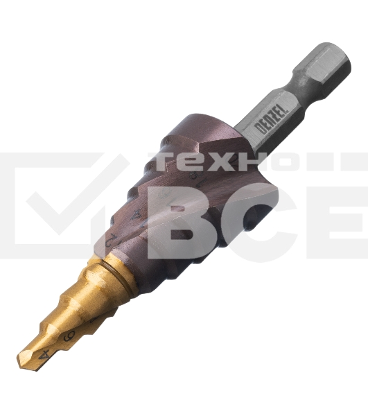 Сверло ступенчатое Denzel 4-6-8-10-12-14-16-18-20 мм, Р6М5К5, 6-гр. хвостовик 723613