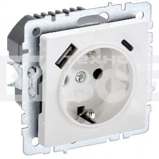 Розетка 1-местная IEK BRITE РЮш11-1-БрБ (BR-R14-16-U22-018-K01) с заземлением, с защитными шторками, 16А, с USB A+C 18 Вт, белый