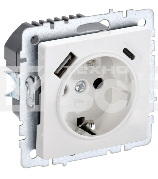 Розетка 1-местная IEK BRITE РЮш11-1-БрБ (BR-R14-16-U22-018-K01) с заземлением, с защитными шторками, 16А, с USB A+C 18 Вт, белый