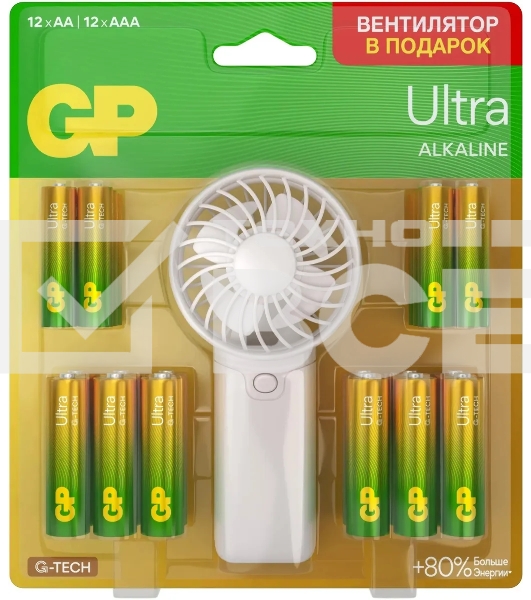 Батарея GP Ultra 15AU/24AU/FANWETA21-2CRSBC24 AA/AAA (промо:Вентилятор в подарок) (24шт) блистер