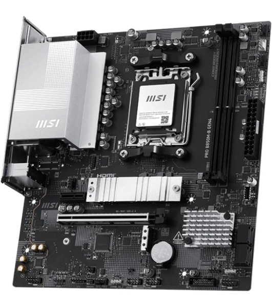 Материнская плата MSI PRO B850M-B GEN4, AM5, AMD B850, 2xDDR5 (до 128 ГБ), 4xSATA, 2xM.2 (1xPCIe 5.0, 1xPCIe 4.0), 1xPCIe 4.0 x16, 1xPCIe x1, 1xHDMI, 1xDP, 1x2.5Gb LAN, 1xUSB-C 5Gbps, 3xUSB-A 5Gbps, 2xUSB-A 2.0, 3x3.5 мм, 7.1, чёрный/серебристый, mATX