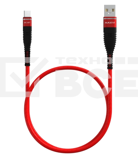 Кабель Maxvi MC-05T red USB-A - Type-C, 2A ток макс. нагрузки 2А, макс. напряжение 5V; стандарт USB 2.0; длина 1м, оплетка TPU, металлические корпуса разъемов, цвет красный