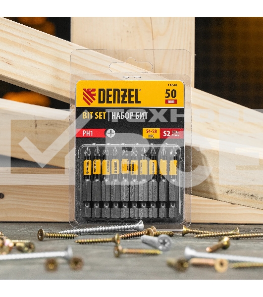 Набор бит Denzel PH1х50, сталь S2, круглый профиль, 10 шт.