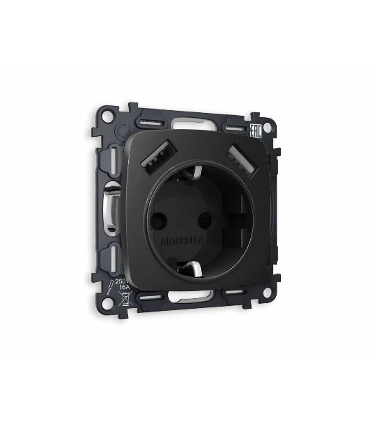 Комплект механизма электрической розетки OMEGA Черный матовый 2USB A+A 18W (быстрая зарядка) с/з QUANT (OP8090, VM155) MO809010