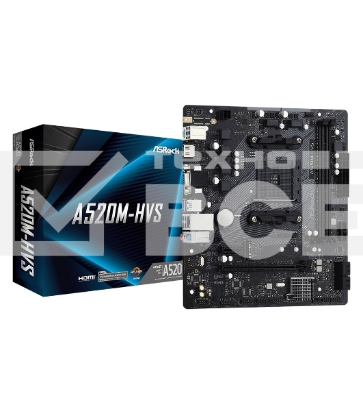 Материнская плата ASRock A520M-HVS, AM4, AMD A520, 2xDDR4, 4xSATA, 1xM.2, 1xPCIe 3.0 x16, 1xPCIe 3.0 x1, 1xHDMI, 1xVGA, 1x 1Gb LAN, 3x3.5 мм, 7.1, mATX
