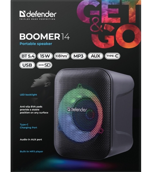 Колонка портативная DEFENDER Boomer 14 (Бумер 14) черный (15Вт, USB, Bluetooth, питание от аккумулятора) (65114)