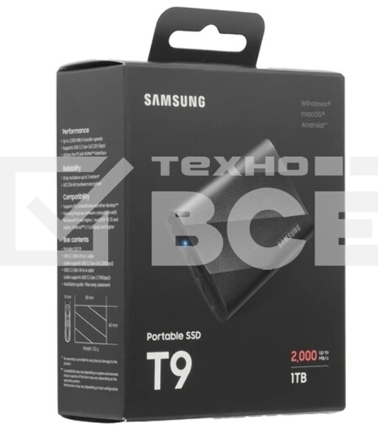 Твердотельный диск Samsung Т9 черный MU-PG1T0B/WW, 1TB V-NAND, USB 3.2 Gen 2х2 Type-C R/W - 2000/2000 MB/s