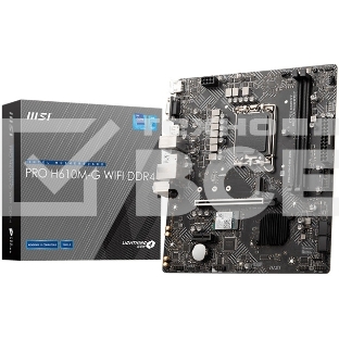 Материнская плата MSI PRO H610M-G WIFI DDR4, Socket LGA 1700, Intel H610, 2xDDR4, 4xSATA, 1xM.2, 1xPCIe 4.0 x16, 1xPCIe 3.0 x1, 1xHDMI, 1xDP, 1xVGA, 1x 1Gb LAN, 4xUSB-A 2.0, 2xUSB-A 5Gbps, 3x3.5 мм, 7.1, mATX