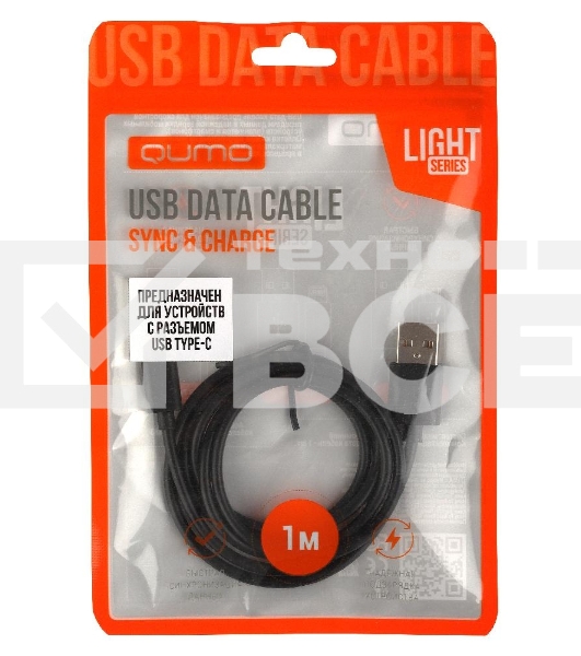 Кабель Qumo light series, USB-Type C, 1м, 5В, 1A, опл. PVC, кон. PVC, круглый, черный