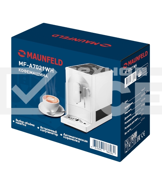 Кофемашина автоматическая Maunfeld MF-A7021WH белый, исп. кофе - зерна, 1.1 л, 1470 Вт, 19 Бар.