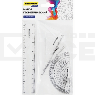 Набор линеек Silwerhof Color, пластик, прозрачный, в комплекте: линейка 15 см/угольник 30х11 см/угольник 45х8 см/транспортир 180