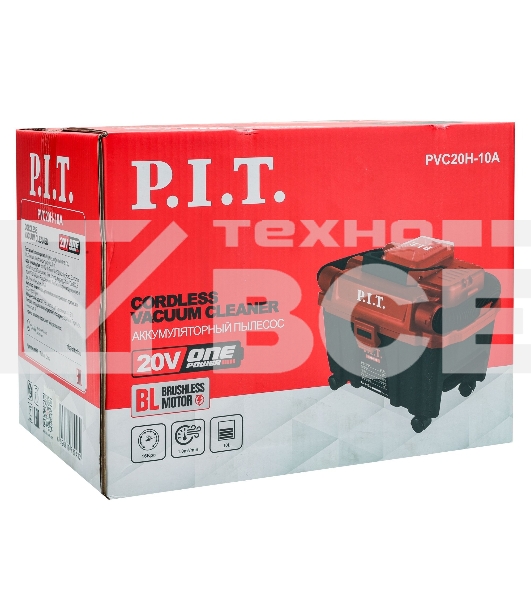 Строительный пылесос P.I.T. PVC20H-10A SOLO красный, питание от аккумулятора, 200 Вт, уборка сухая/влажная/выдув, пылесборник 10 л