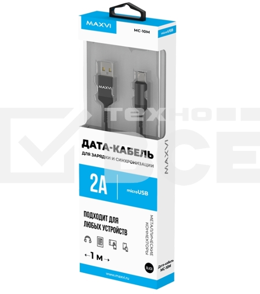 Кабель Maxvi MC-10M black, USB-A - microUSB, 2A ток макс. нагрузки 2А, макс. напряжение 5V; стандарт USB 2.0; длина 1м, нейлоновая оплетка, металлические корпуса разъемов, цвет черный