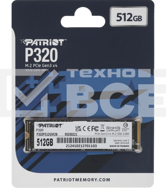 Накопитель SSD Patriot P320, 512GB, PCIe 3.0 x4, M.2 2280, NVMe, R/W 3000/2200