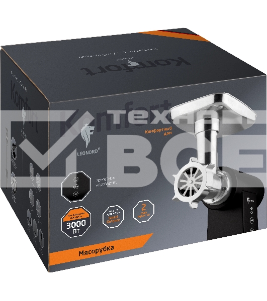 Мясорубка электрическая LEONORD LE-17705 Premium черный, 3000 Вт, 3.0 кг/мин, реверс, металлический лоток, насадки - 6