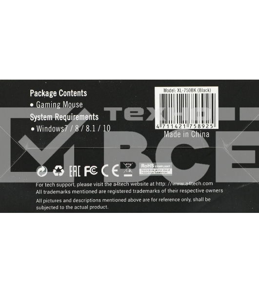 Мышь проводная A4Tech XL-750BK черный, 3600 dpi, USB, кнопки - 7