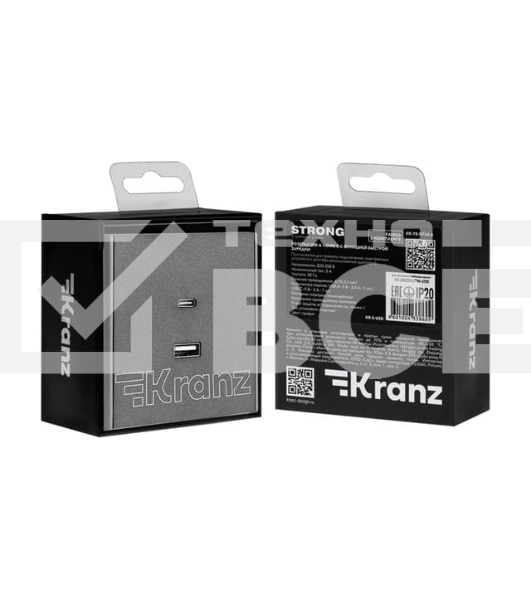 Розетка Kranz STRONG USB-A+Type-C 3А с функцией быстрой зарядки графит