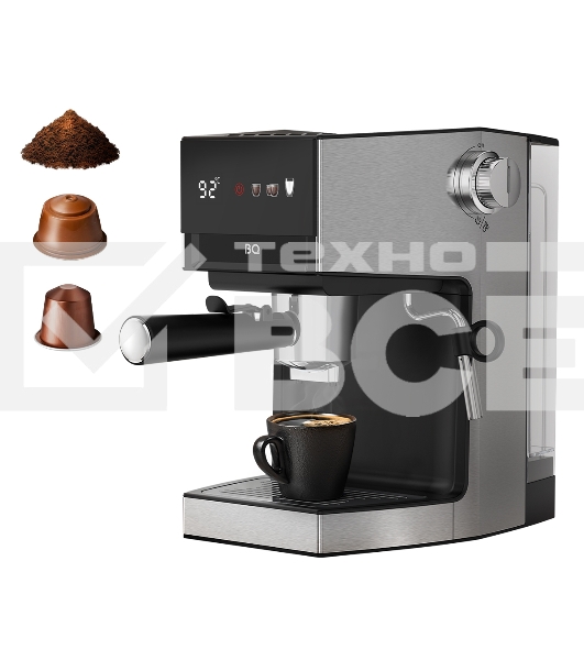 Кофеварка рожковая+капсульная BQ CM3003 стальной/чёрный, исп. кофе - молотый/капсулы Dolce gusto, Nespresso, 1 л, 950 Вт, 19 бар