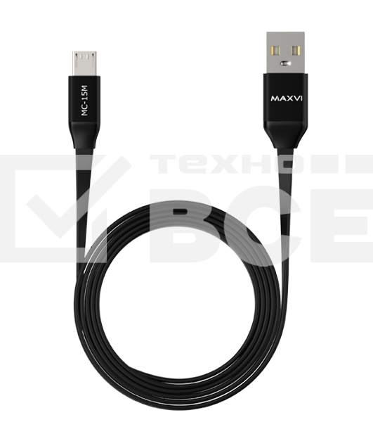 Кабель Maxvi MC-15M black, USB-A - microUSB, 2A ток макс. нагрузки 2А, макс. напряжение 5V; стандарт USB 2.0; плоский кабель, длина 1м, оплетка TPE, металлические корпуса разъемов, цвет черный