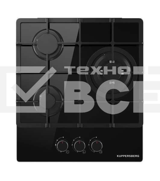 Варочная поверхность Kuppersberg FG 40 B, газ, High-Tech, 45 см, автоматический электроподжиг, газ-контроль, SABAF конфорки, чугунные решетки, WOK конфорка, цвет черное стекло, цвет фурнитуры черный