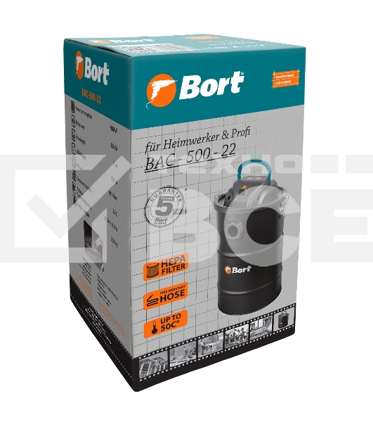 Пылесос для сбора золы Bort BAC-500-22 (98291834) чёрный, 900 Вт, уборка сухая/ влажная, пылесборник контейнер, 22 л