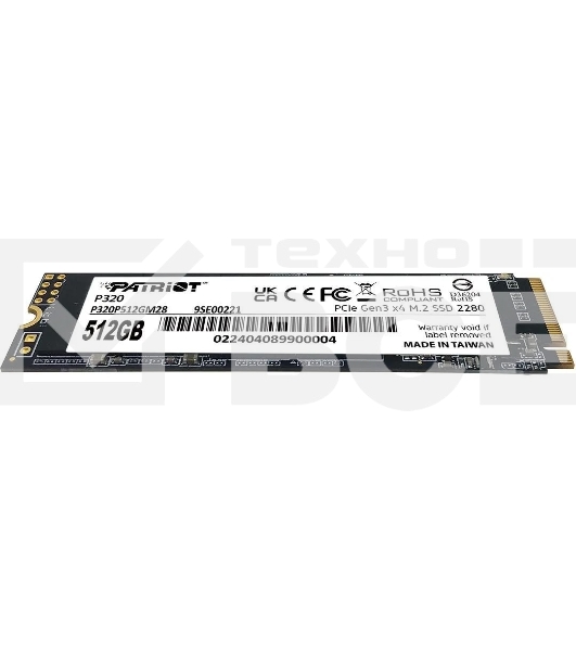 Накопитель SSD Patriot P320, 512GB, PCIe 3.0 x4, M.2 2280, NVMe, R/W 3000/2200