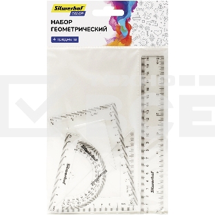 Набор линеек Silwerhof Color, пластик, прозрачный, в комплекте: линейка 20 см/угольник 30х14 см/угольник 45х10 см/транспортир 180