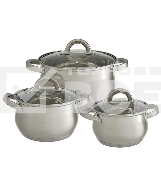 Набор посуды WEBBER BE-616/6 из нерж.стали 6 пр. 2,1 л, 2,9 л, 3,9 л со стеклянными крышками В наборе 6 предметов: кастрюля со стеклянной крышкой 16х10,5 см; 2,1 л кастрюля со стеклянной крышкой 18х11,5 см; 2,9 л кастрюля со стеклянной крышкой 20х12,5см; 