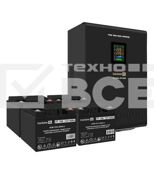 Комплект источника бесперебойного питания Exegate EX296005RUS + батарея 40Aч EX282976RUS 4шт (инвертор, синус, для котла, настенный) ExeGate FineSine SX-7000.LCD.AVR.2SH.T <7000VA/5000W, чистая синусоида, цветной LCD-дисплей, AVR, 2*Schuko+клеммы, линейно-интерактивный, крепление настенное, черный> + батарея ExeGate DT 1240 (12В, 40А·ч) 4шт