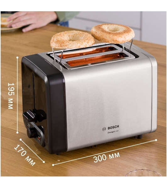 Тостер Bosch TAT4P420 нержавеющая сталь, 970 Вт, 2 слота