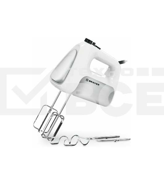 Миксер BRAYER BR1303, 500  Вт, корп.из нерж.стали, 5 режимов, 2 крюка, 2 венчика