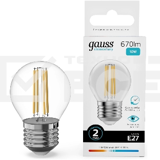 Лампа филам. Gauss Filament 10Вт цок.:E27 шар св.свеч.бел.нейт. (упак.:10шт) (52220)