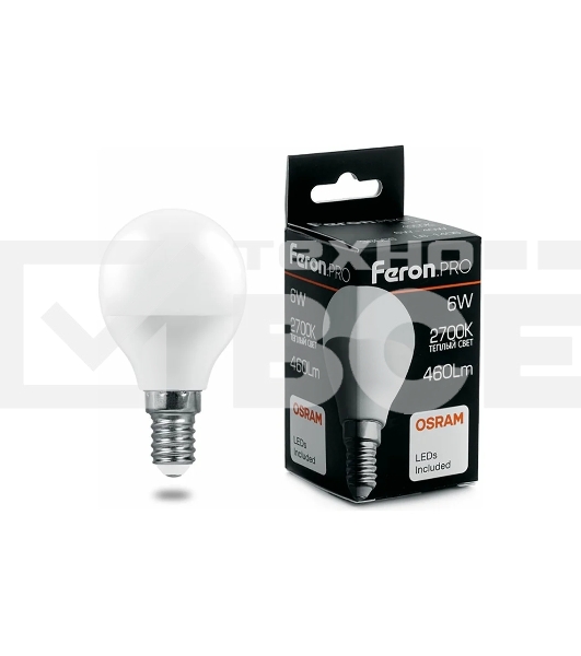 Лампа светодиодная FERON PRO LB-1406 (38065) шарик E14 6W 2700K