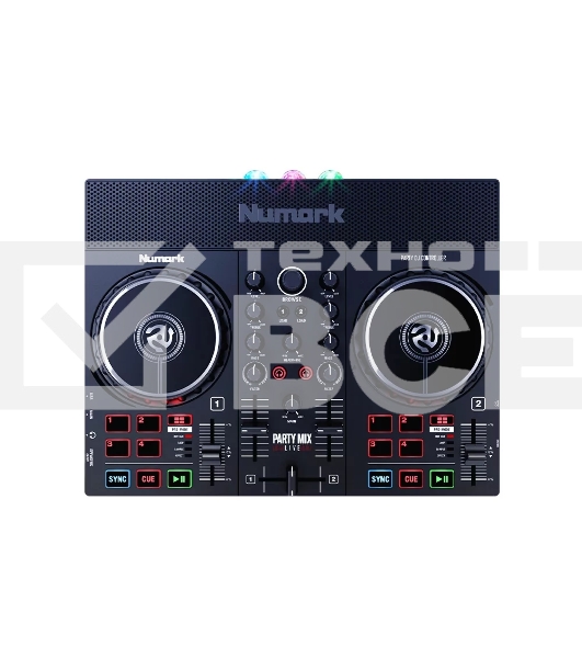 Контроллер DJ [PARTYMIXLIVEXEU] Numark [Party Mix Live] 2-х канальный, 2 сенсорных джога, 24-битный аудиоинтерфейс, 3,5 мм стерео выход, выход на наушники, встроенные динамики, RGB лампы, ПО Serato DJ Lite