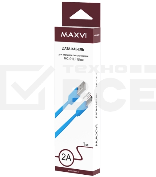 Кабель Maxvi MC-01LF blue USB-A - microUSB, 2A Плоский кабель, ток макс. нагрузки 2А, макс. напряжение 5V; стандарт USB 2.0; длина разъема microUSB 10 мм, длина 1м, материал PVC, синий