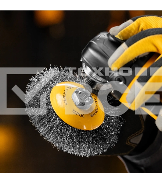 Щетка для УШМ Denzel 125 мм, М14, тарелка, витая нержавеющая проволока 0,3 мм