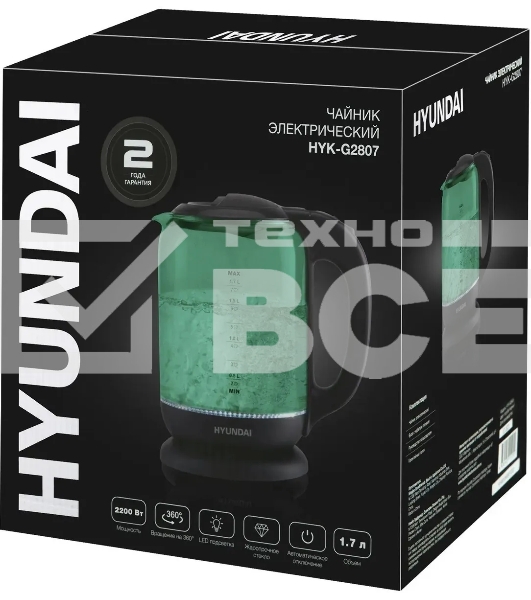 Чайник электрический Hyundai HYK-G2807 1.8л. 2200Вт бирюзовый/черный (корпус: стекло)